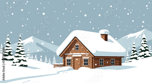 Cozy wooden cabin surrounded by snow covered trees and mountains in a winter wonderland