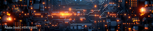High-tech abstract background showing a detailed electronic circuit board with illuminated orange lights and complex digital pathways. Generative ai vector illustration. Wide panoramic banner image