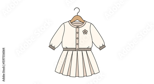Elegant cream colored long sleeved pleated dress with a button up cardigan