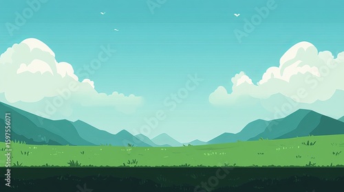 Flat illustration of a vast, sunny landscape with mountains, grass, and clouds