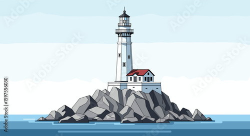 Coastal beacon stands tall guiding ships safely across the vast ocean waters at dawn