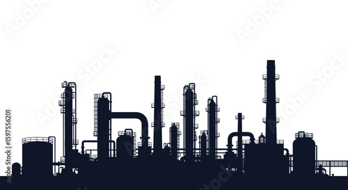 Industrial complex silhouettes with numerous tall towers and pipes under white background