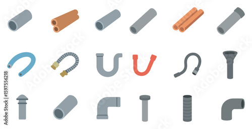 Plumbing tools flat icons set – repair, maintenance, utility symbols