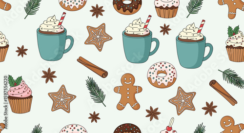 Festive winter treats and decorations featuring hot cocoa gingerbread cookies and pine sprigs