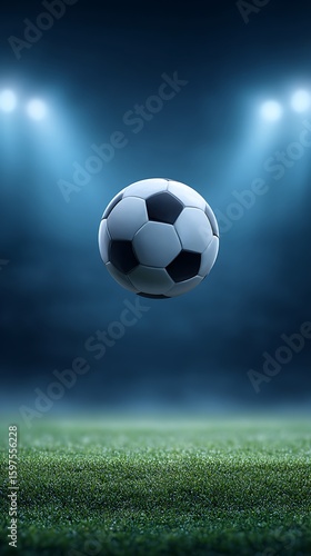 A soccer ball floating in mid-air on a soccer field under stadium lights