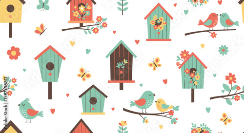 Charming spring birdhouses with sweet birds and butterflies fluttering among branches