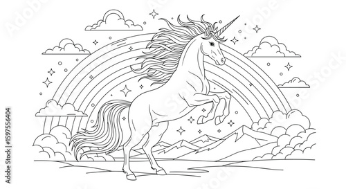 Whimsical unicorn galloping through enchanted rainbow clouds and starlit skies illustration
