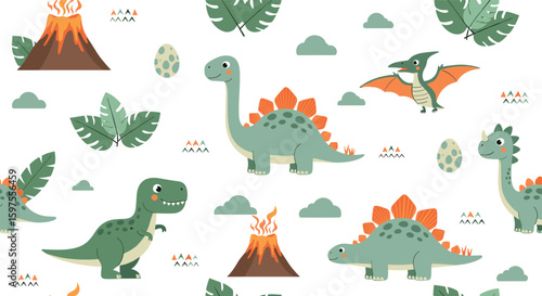 Adorable prehistoric creatures roaming a volcanic landscape with lush foliage and dinosaur eggs
