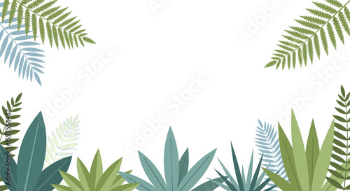 Vibrant tropical foliage border design with lush green and blue leaves