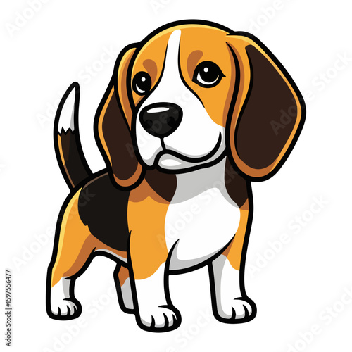 Beagle flat vector, colored cartoon with line art and white background. AI generated image.