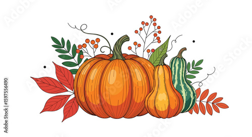 Autumn harvest arrangement with pumpkins gourds and fall foliage decorative design element