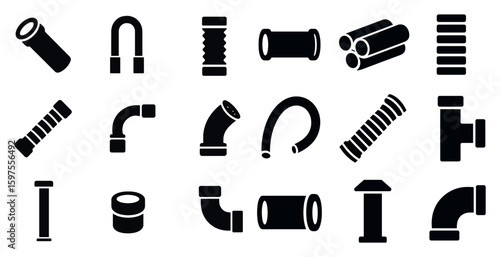 Plumbing solid icons set – silhouette, filled, piping and water supply symbols