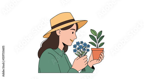 A young woman in a straw hat carefully tends to her potted plant and fragrant blue flowers