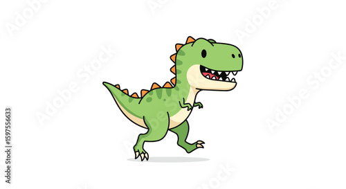 Adorably cartoonish green tyrannosaurus rex walking playfully with joyful expression and jagged spikes along its back