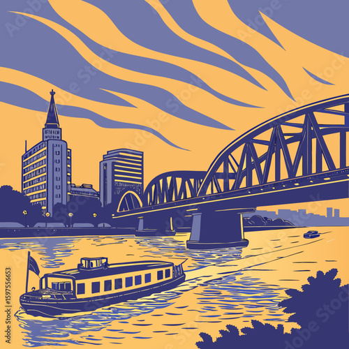 Sunset River Cityscape with Bridge and Boat – Duotone Vector Illustration of Urban Skyline