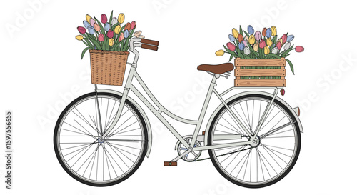 Charming bicycle laden with colorful spring flowers in rustic baskets