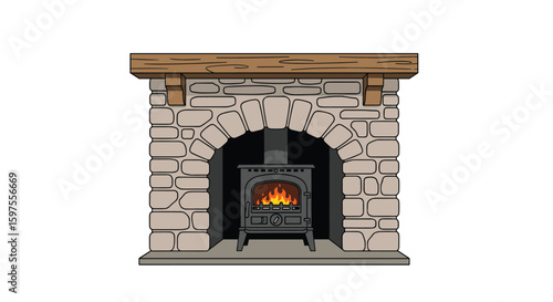 Arched stone fireplace with wood burning stove and oak mantel