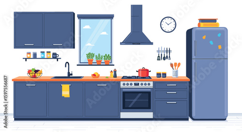 Modern kitchen design with stylish blue cabinets and appliances for contemporary living