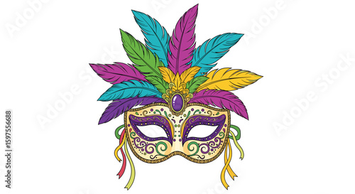 Ornate masquerade mask with colorful feathers and gold accents