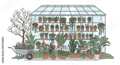 Vibrant greenhouse filled with lush potted plants creating a verdant oasis