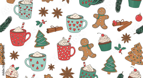 Cozy christmas drinks and gingerbread cookies festive pattern for holiday season