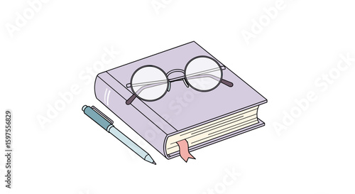 Classic eyeglasses resting on an open book with a bookmark and pen nearby