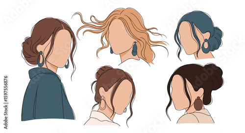 Modern abstract portrait illustrations featuring various elegant updo hairstyles and statement earrings