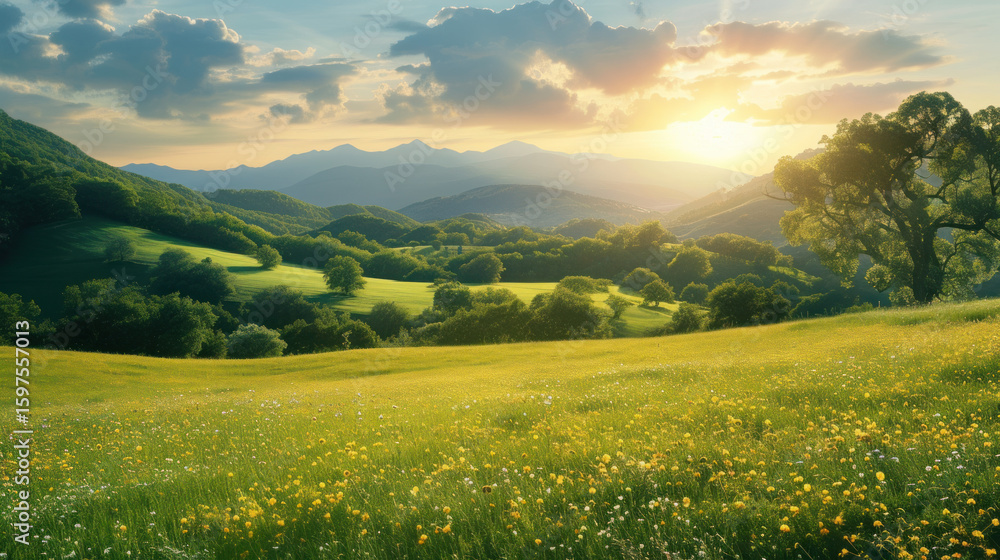Obraz premium Idyllic mountain meadow with wildflowers in full bloom bathed in the golden light of a setting sun.
