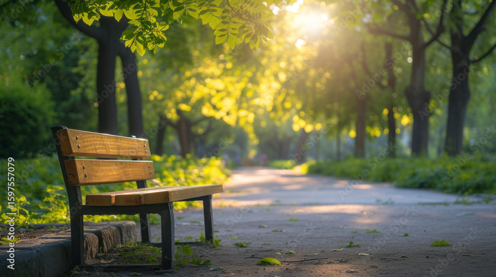 Naklejka premium Park bench bathed in sunlight along a peaceful pathway. Serene, scenic, and ideal for relaxation.
