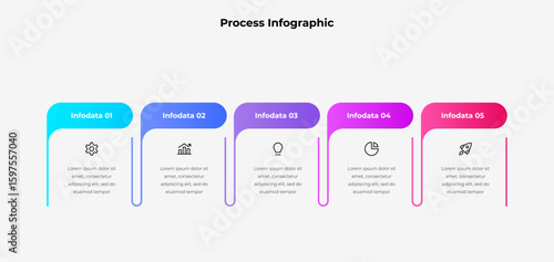 Five step infographic with minimal icons and gradient headers, ideal for visualizing workflows, project stages, or strategic planning