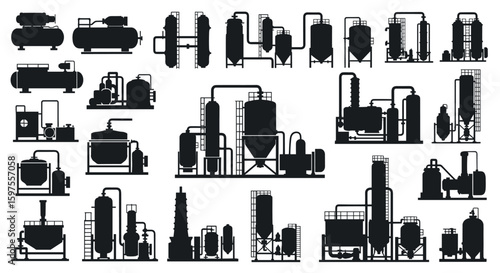 Collection of industrial processing equipment silhouettes for chemical and manufacturing applications
