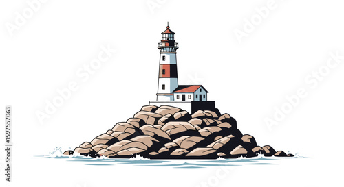 Illuminating coastal navigation aid standing tall on a rocky outcrop guiding maritime vessels safely through waters