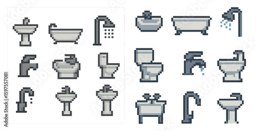 Bathroom essentials pixel art icons set – isometric, outline, sanitary symbols