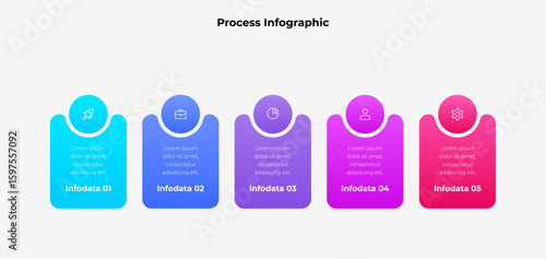 Modern infographic representing a five step process using gradient colors. It highlights clarity, organization, and design suitable for professional and business uses in presentations and reports