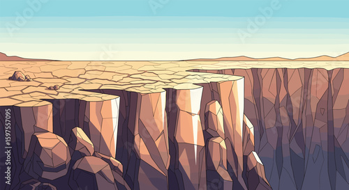 Vast arid desert landscape featuring towering sandstone cliffs under a clear sky