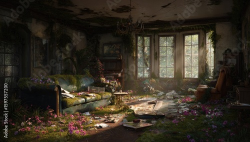 Sunlit overgrown abandoned room