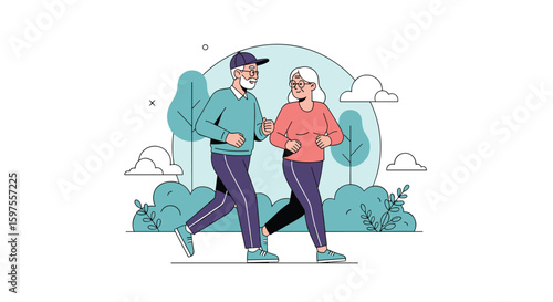 Active seniors enjoying a brisk morning jog together in a park surrounded by lush trees and greenery