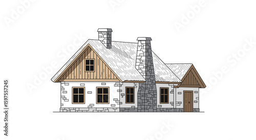 Rustic stone cottage with thatched roof and chimney amidst snow