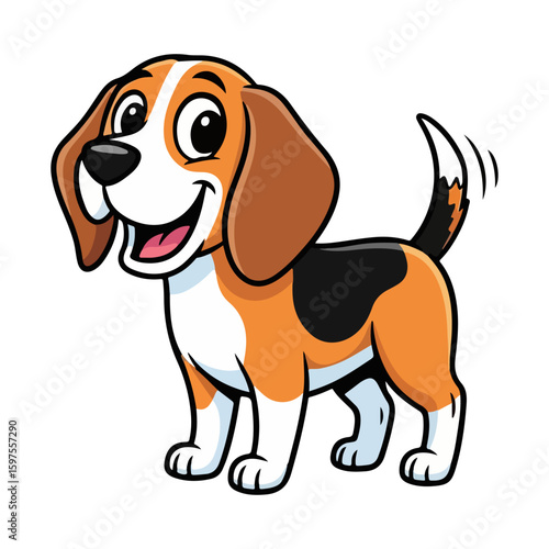Beagle flat vector, colored cartoon with line art and white background. AI generated image.