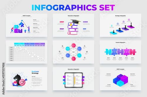 Infographic templates designed for business, education, and strategy presentations. Perfect for showcasing SWOT analysis, planning steps, puzzle infographics, days plan and other detailed diagrams