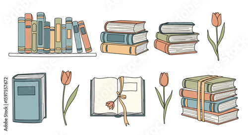Beautiful vintage books and tulips collection for reading and literature enthusiasts