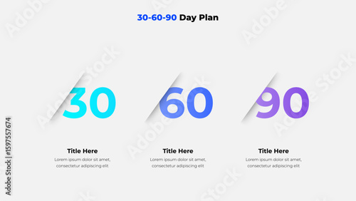Illustration of a 30-60-90 day business plan visualized in a clean, modern layout for corporate presentations, project scheduling, and goal tracking applications