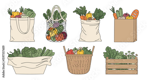 Fresh organic produce variety in reusable shopping bags baskets and boxes