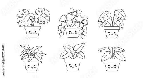 Six cute kawaii houseplants in pots with happy faces adorable greenery illustration
