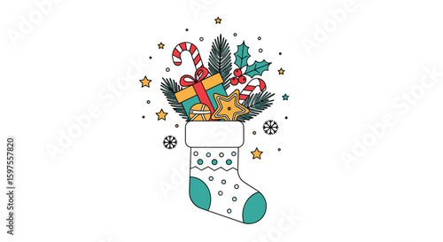 Festive christmas stocking filled with presents pine needles candy canes and stars