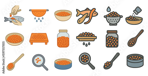 Caviar food icons set – outline, gourmet cuisine, delicacy symbols