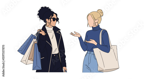 Two fashionable women discuss shopping finds carrying bags and tote with confidence