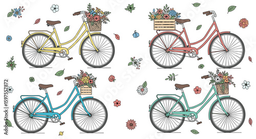 Charming vintage bicycles adorned with beautiful flower arrangements evoking nostalgic charm and outdoor joy