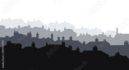 Urban rooftops landscape silhouettes under a hazy sky creating a distant city view