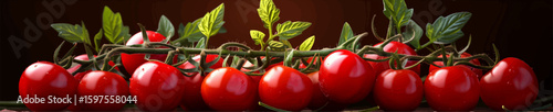 fresh cherry tomatoes with green stems. Generative ai vector illustration. Wide banner illustration